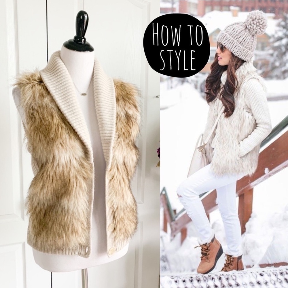 Wool Blend Ann Taylor Faux Fur Chunky Knit Button Vest - Picture 1 of 11